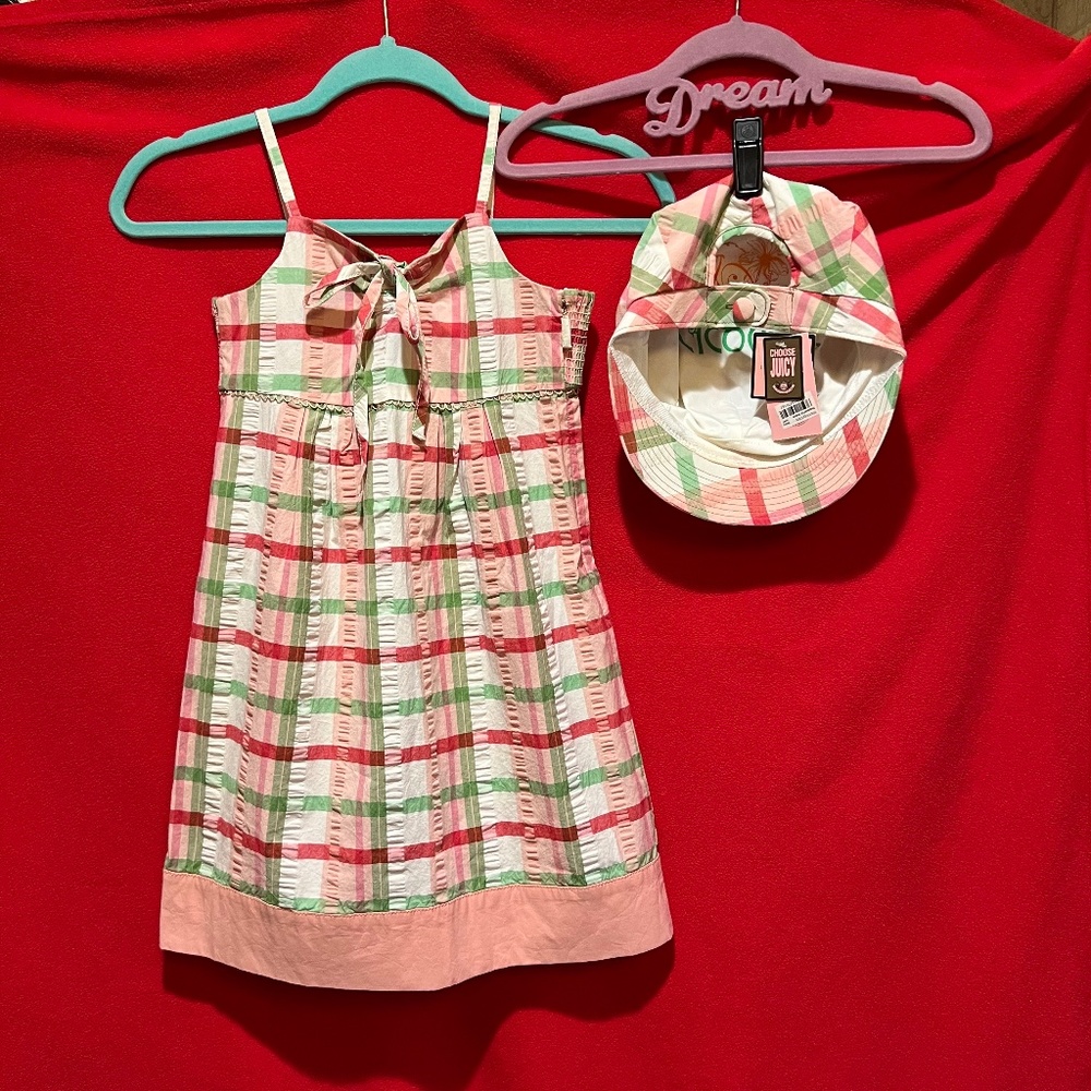 NWT JUICY COUTURE Garden Party Madras Smocked Plaid Dress & Cap Hat Girl…